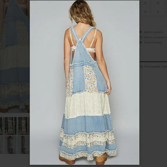 POL Mixed Print Patchwork Denim Overall Maxi Dress - Picture 2 of 3